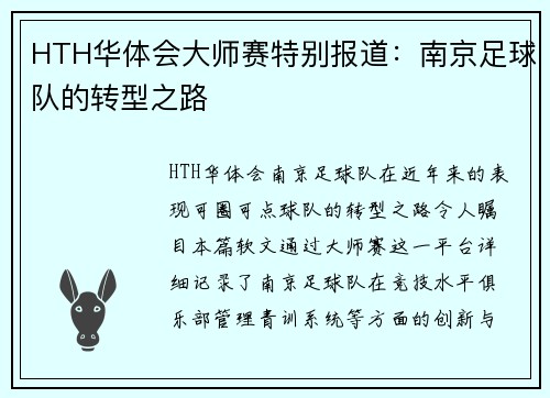 HTH华体会大师赛特别报道：南京足球队的转型之路