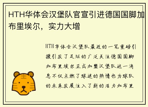 HTH华体会汉堡队官宣引进德国国脚加布里埃尔，实力大增